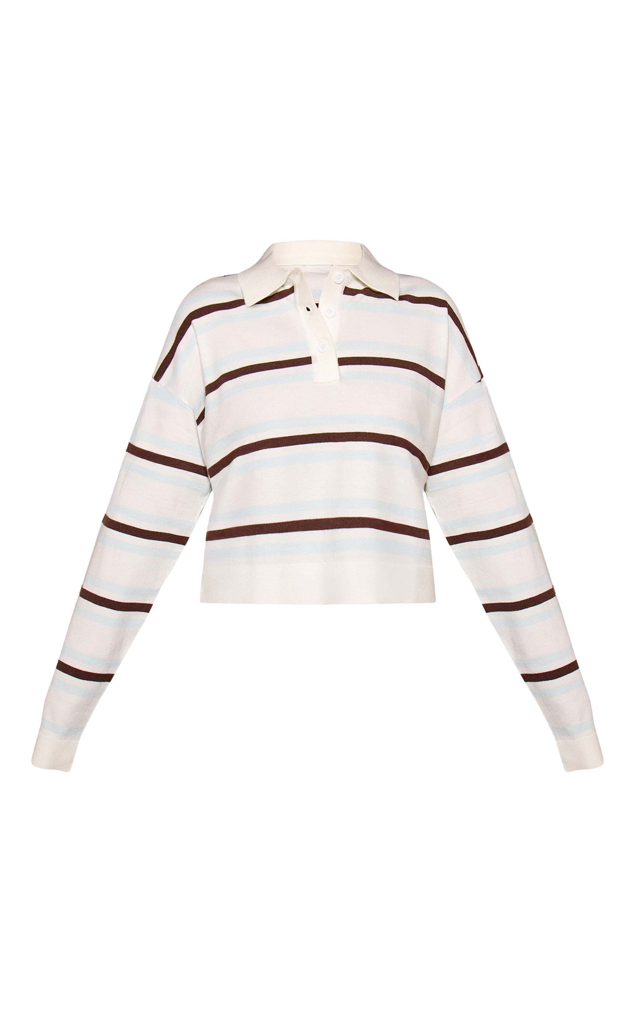 Petite Cream and Blue Stripe Polo Knit Long Sleeve Rugby Top  image 5
