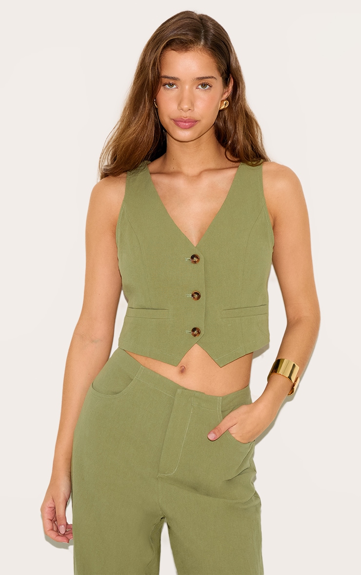Khaki Linen Look Backless Vest image 1