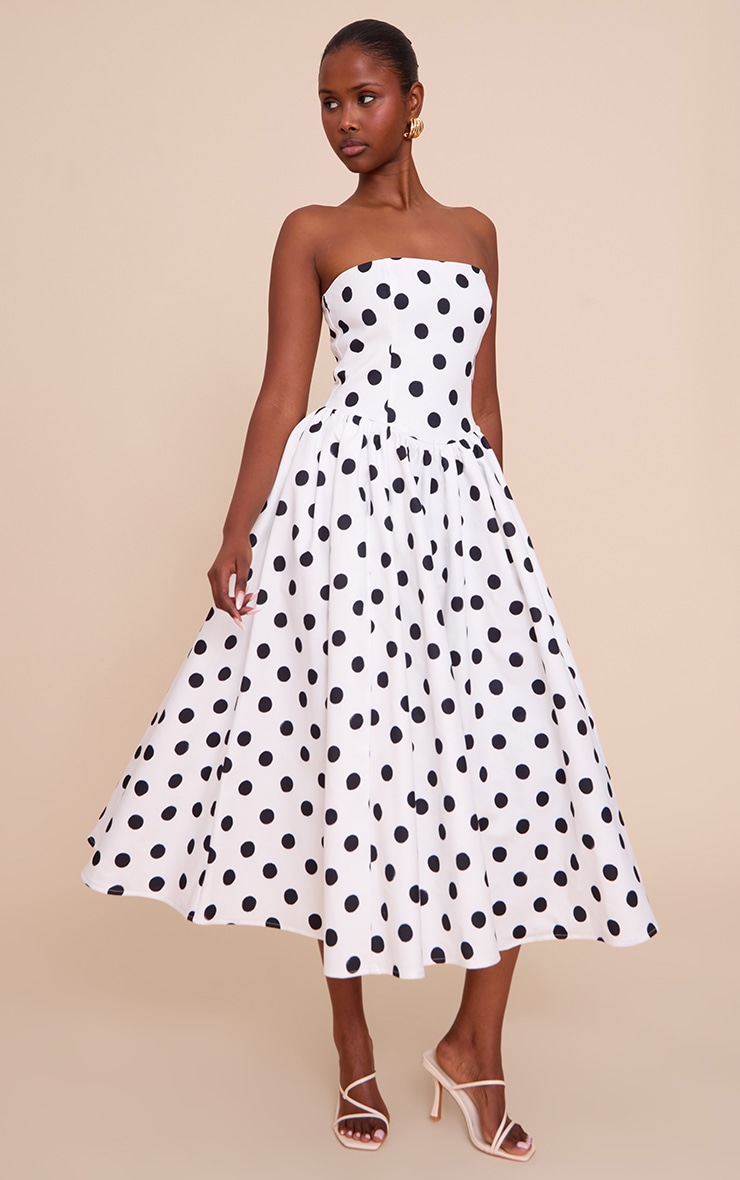 Monochrome Polka Dot Woven Bandeau Ruched Skater Midaxi Dress image 1
