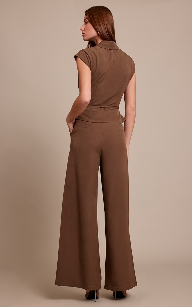 Chocolate Tailored Woven Tie Waist Wide Leg Jumpsuit image 2