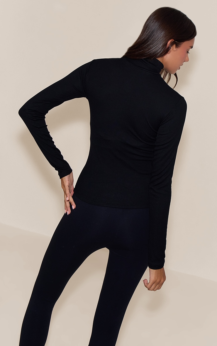 Black Soft Rib High Neck Fitted Long Sleeved Top image 2