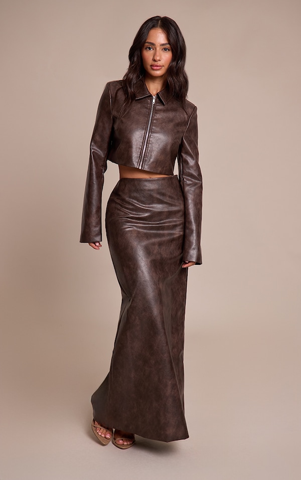 Petite Chocolate Faux Leather Maxi Skirt 