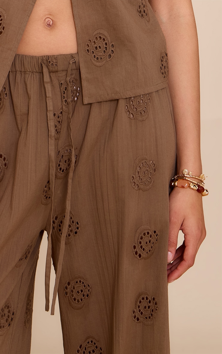 Brown Broderie Swirl Detail Straight Leg Pants image 4