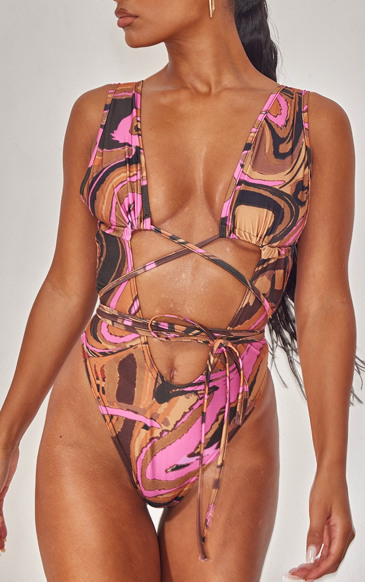 Pink Marble Cut Out Multiway Wrap Waist Plunge Swimsuit image 4