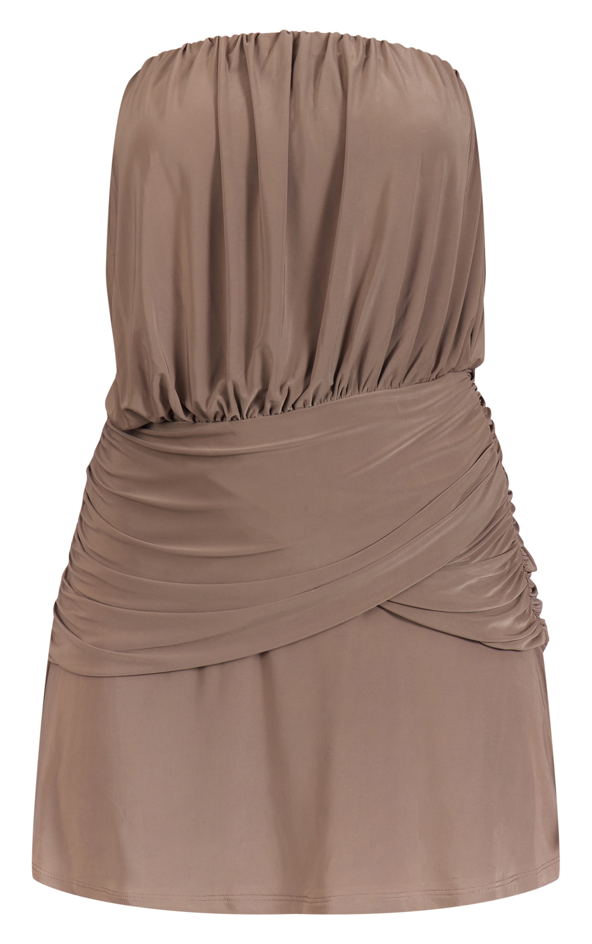 Taupe Slinky Bandeau Ruched Mini Shift Dress image 5