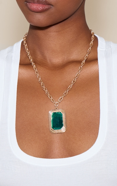 PLT Label Collier doré en chaîne à pendentif vert