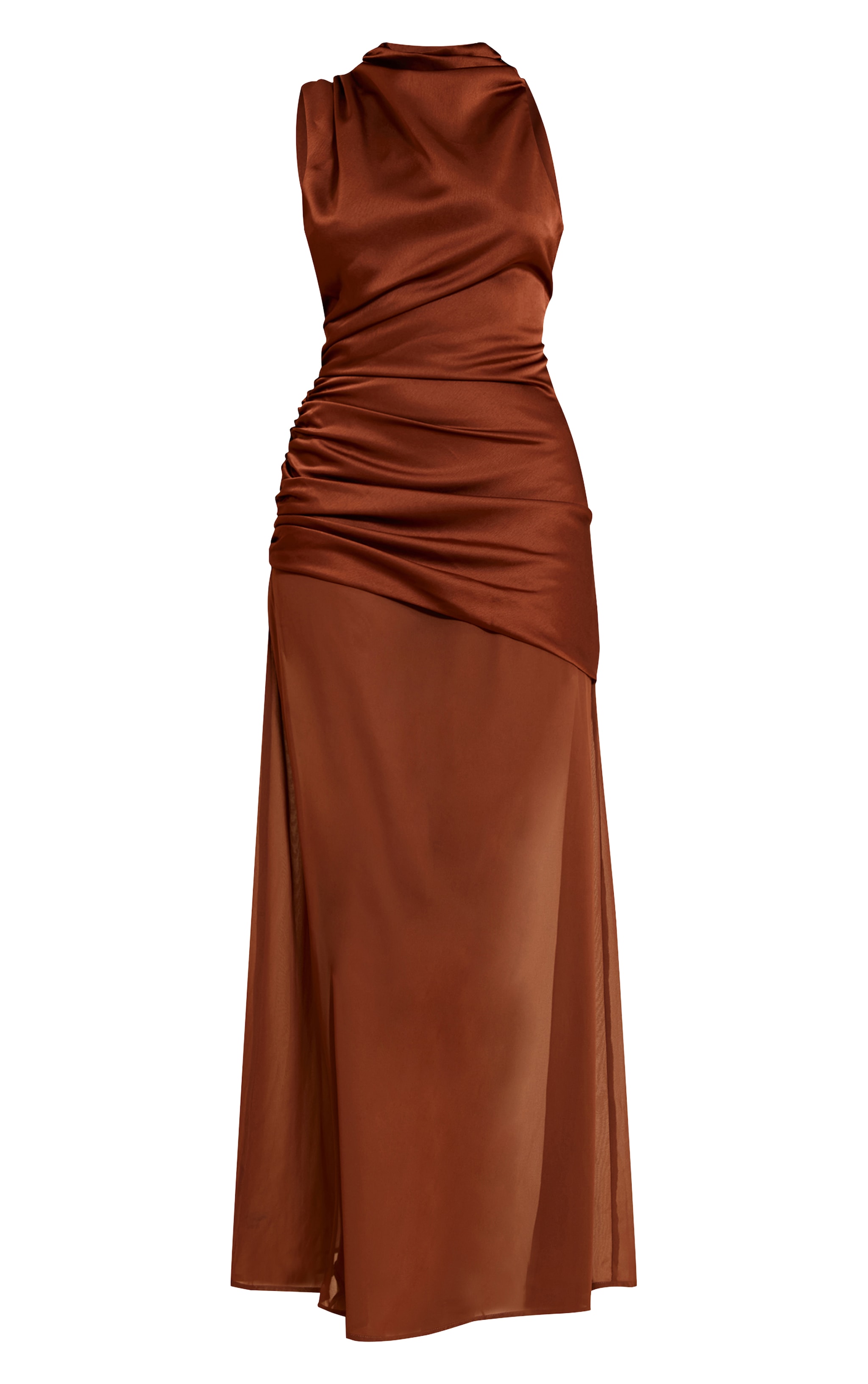 Chocolate Satin Contrast Ruched Detail Maxi Dress image 5
