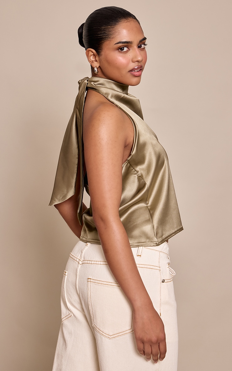 Petite Khaki Satin Halterneck Tie Top image 2