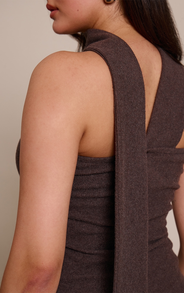 Chocolate Brushed Rib Scarf Detail Bandeau Maxi Dress image 4