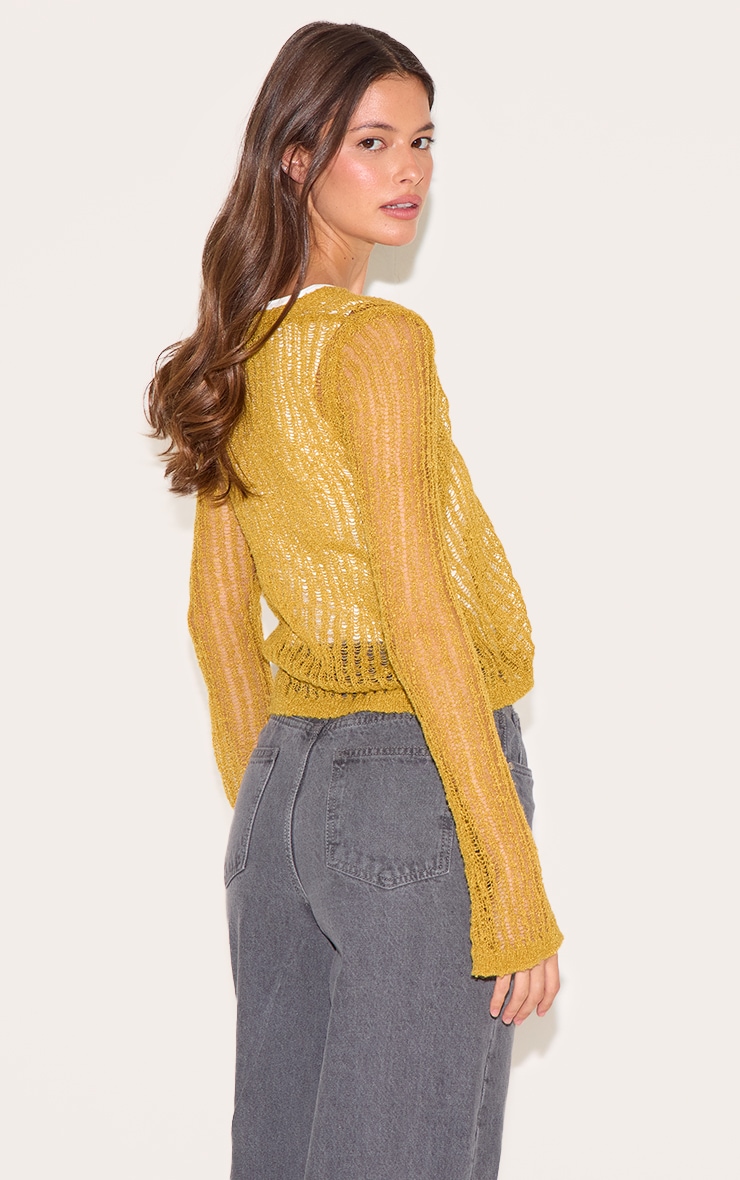 Olive Ladder Knit Sheer Cropped Tie Front Top image 2