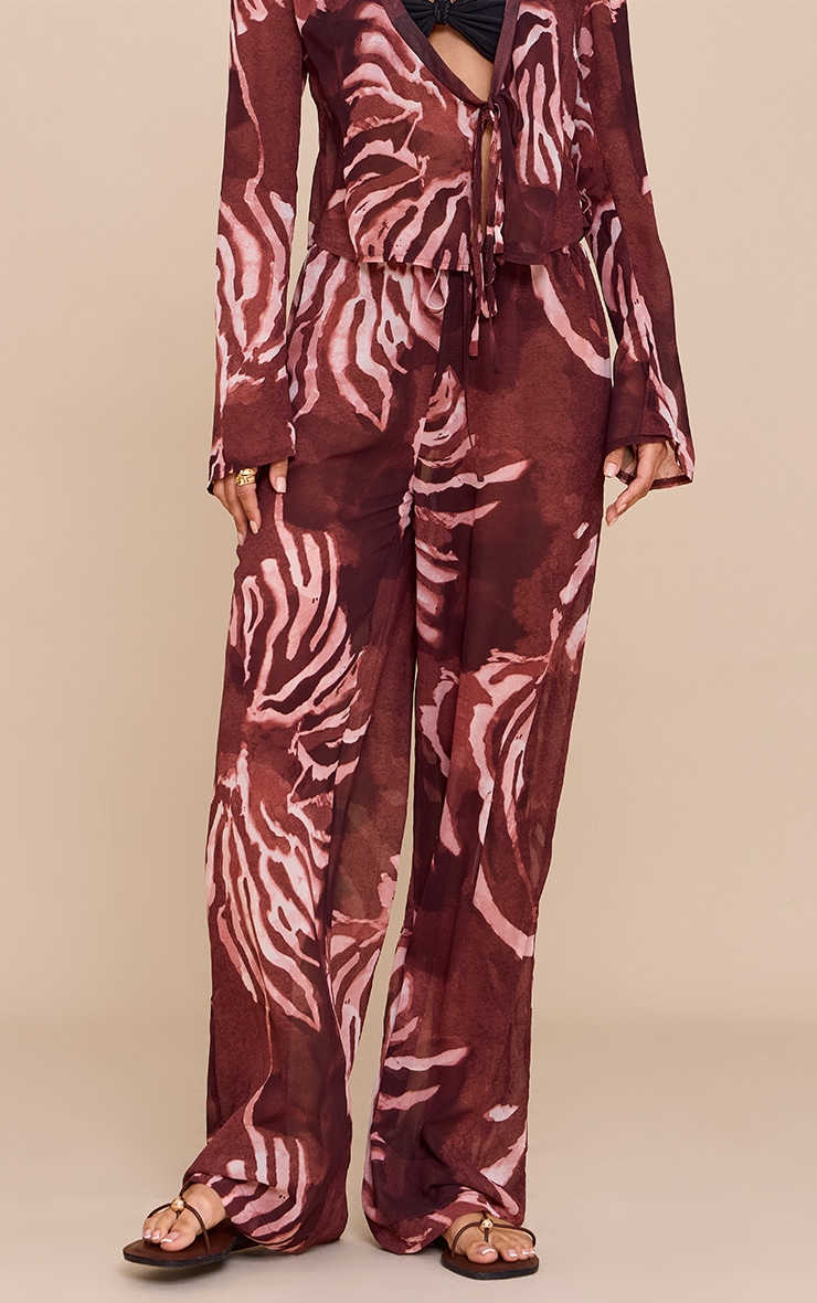 Brown Chiffon Abstract Print Wide Leg Pants image 2