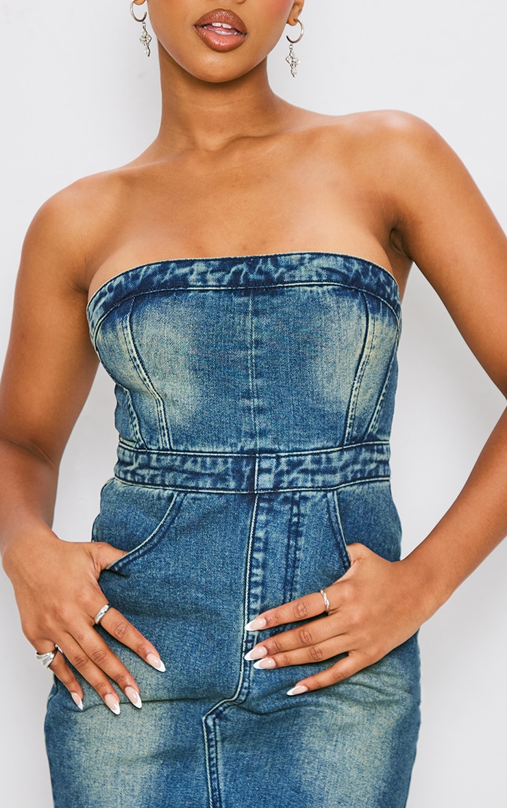 Indigo Blue Wash Zip Detail Bandeau Mini Dress image 4