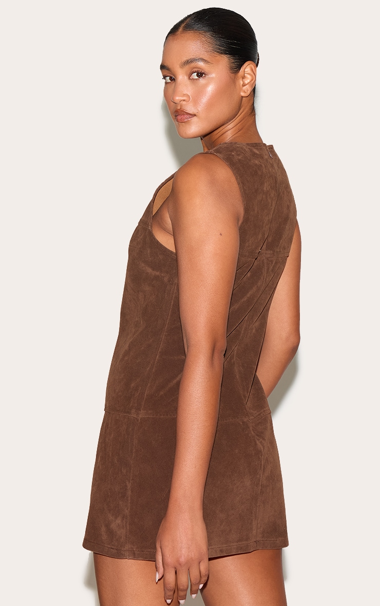 Deep Chocolate Structured Faux Suede Seam Detail Sleeveless Shift Dress image 2
