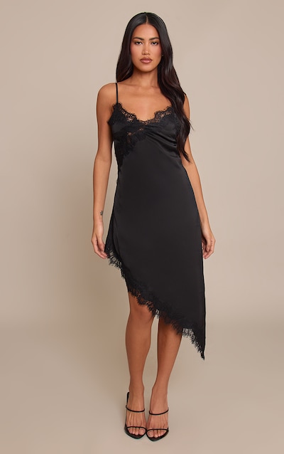 Mini robe asymétrique satinée noire à détails en dentelle