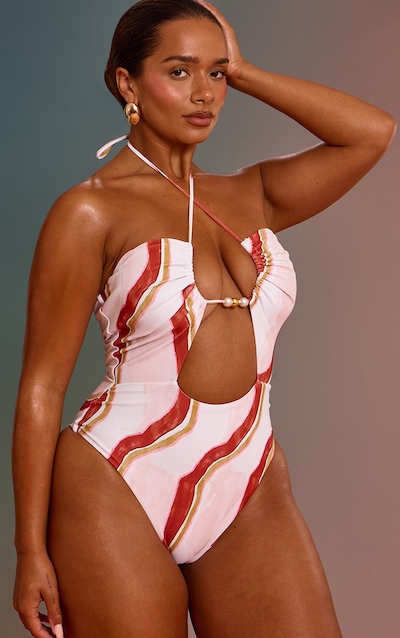 Shape White Marble Print Beaded Halterneck Swimsuit