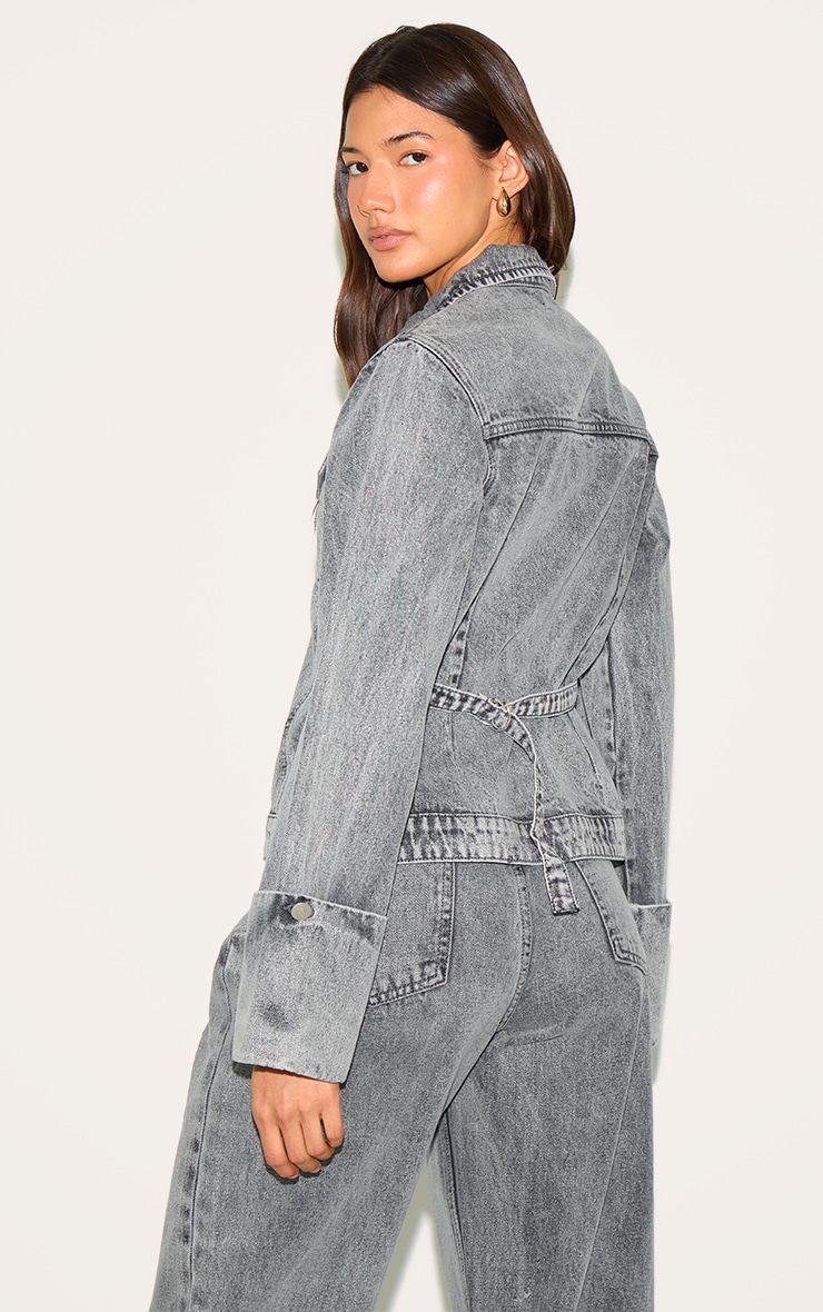 Ice Grey Turn Up Cuff Cinched Back Denim Jacket image 2