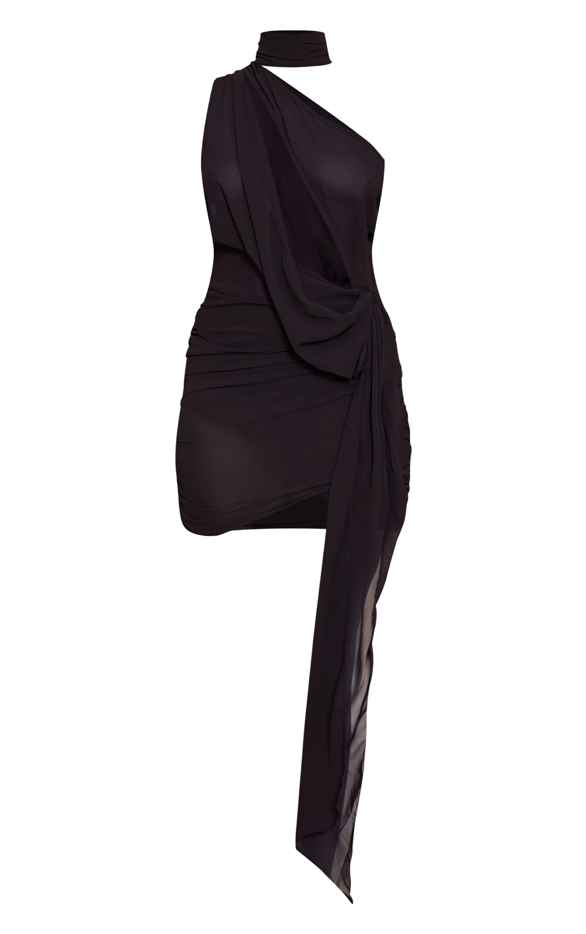 Robe moulante asymétrique drapée en mousseline de soie noire transparente à détail froncé image 5