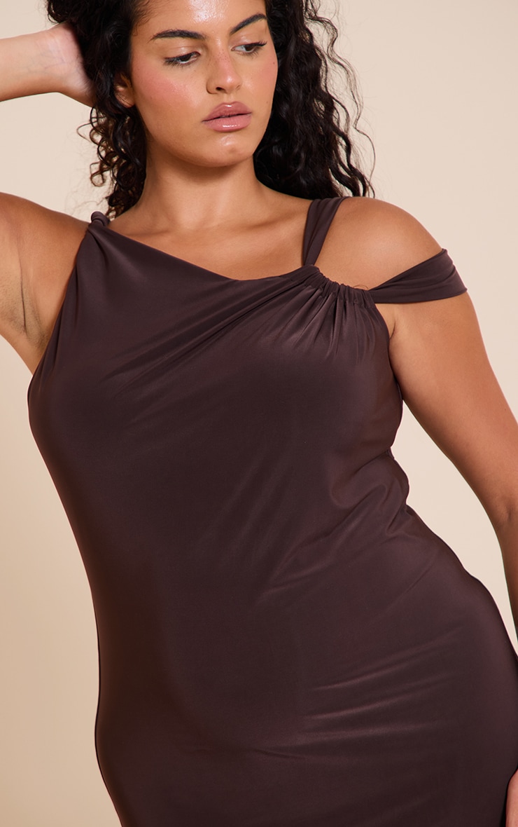Plus Chocolate Double Layer Slinky Ruched Shoulder Maxi Dress