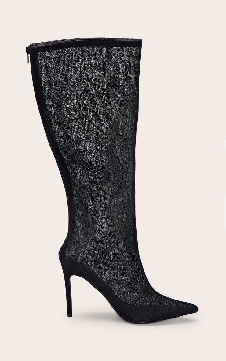 Black Mesh Heeled Knee High Boot image 2