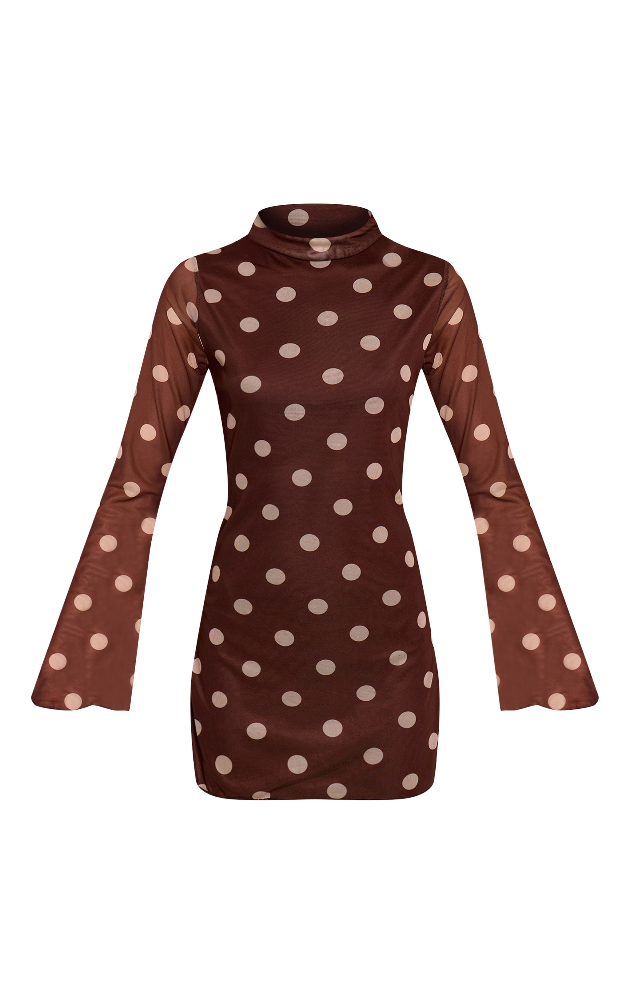 Brown Polka Dot Print High Neck Flared Sleeve Shift Dress image 5