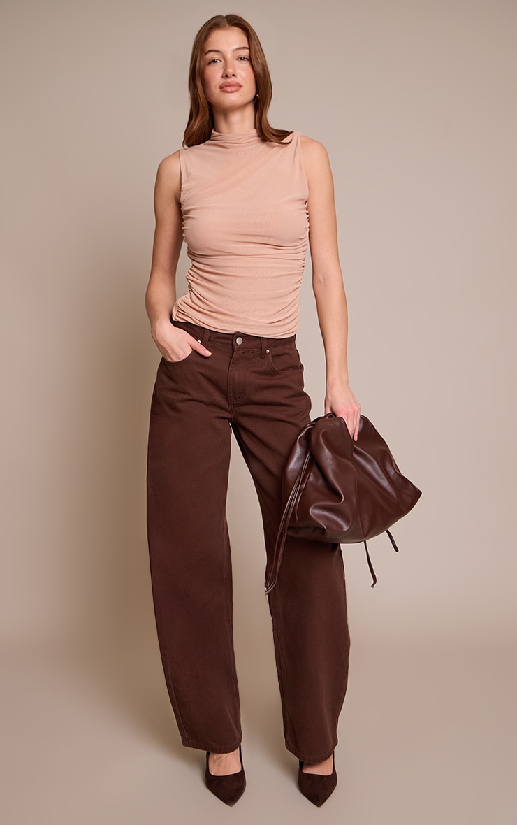 Stone Sheer Mesh High Neck Ruched Detail Long Top image 3