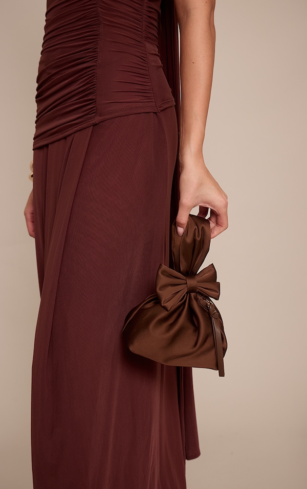 Chocolate Satin Bow Detail Clutch Bag