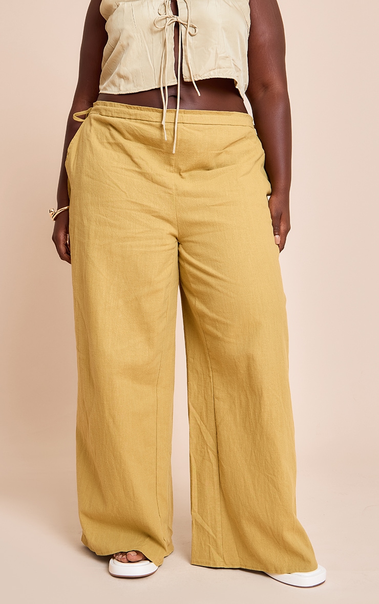 Plus Olive Premium Linen Side Tie Detail Wide Leg Pants image 2