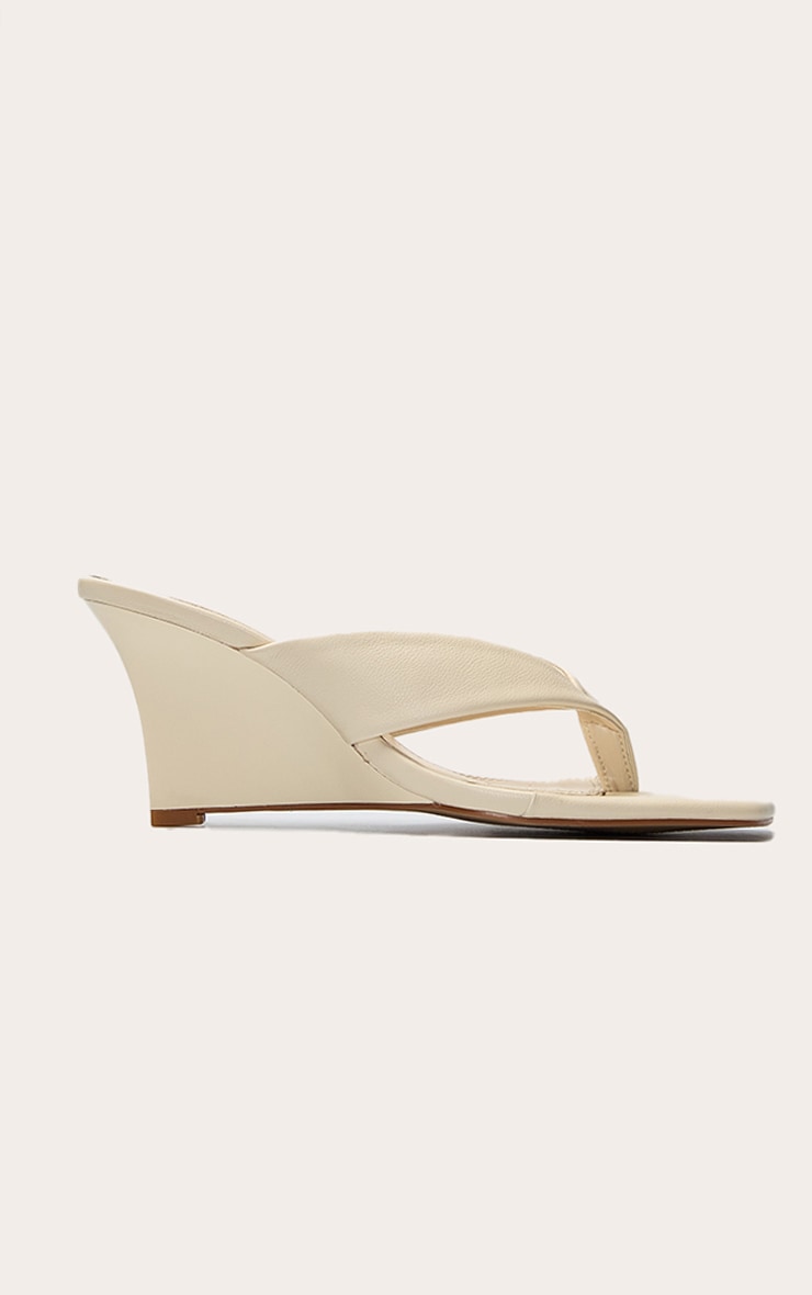 Cream PU Toe Thong High Heeled Mule Wedges image 2
