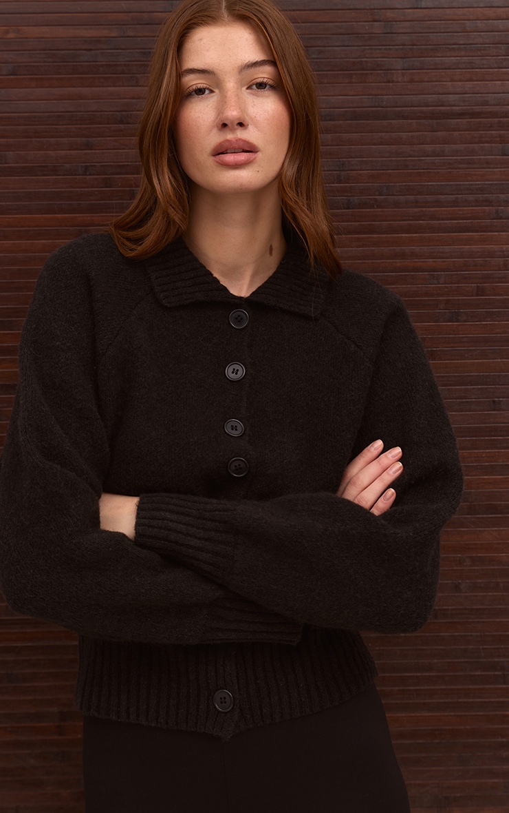 Black Collared Waist Detail Knitted Cardigan