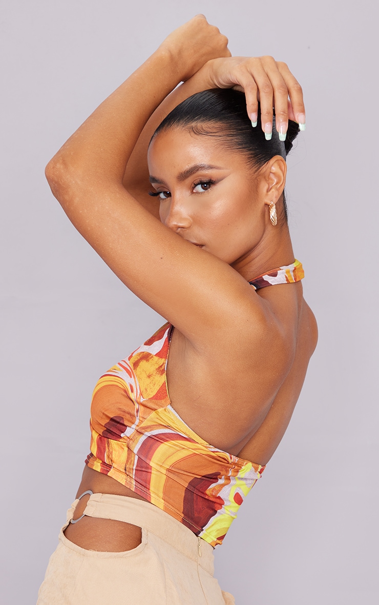 Orange Marble Print Slinky Double Tie Front Halterneck Crop Top image 2