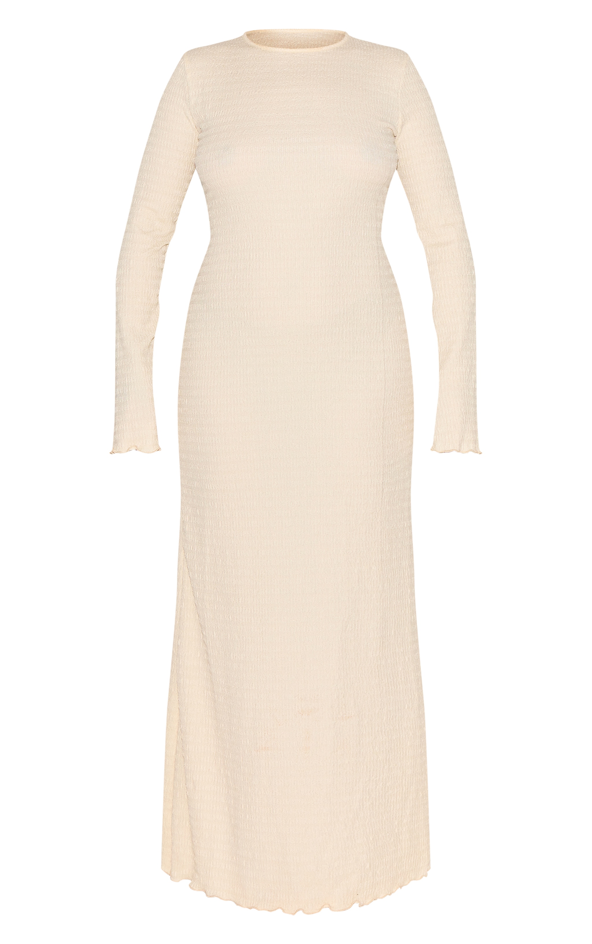 Plus Cream Crinkle Textured Lettuce Hem Long Sleeve Maxi Dress image 5