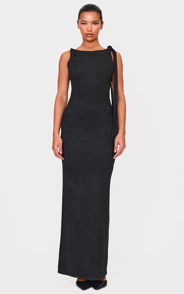 Robe longue en suédine noire drapée à détail noué 