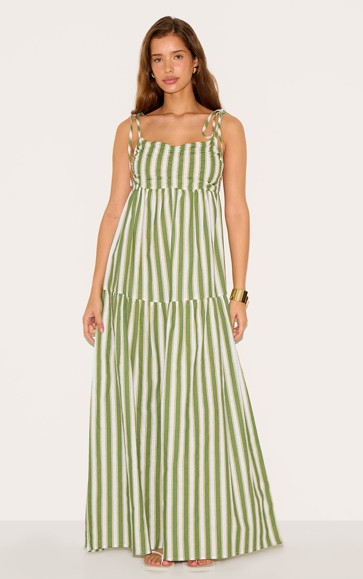 Green Striped Strappy Low Back Maxi Dress image 1