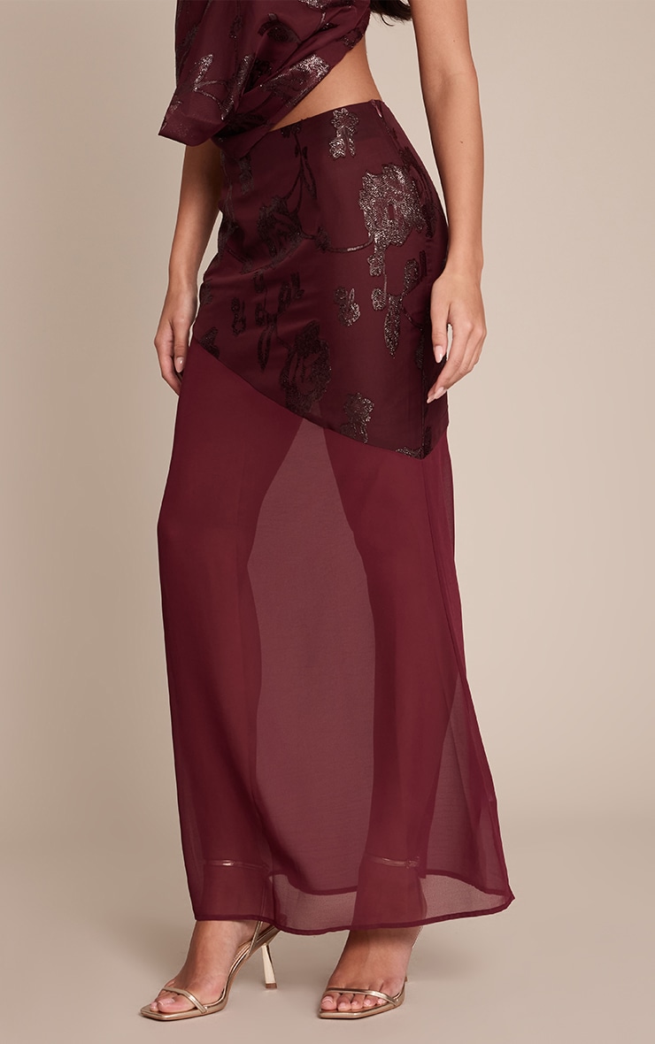 Wine Floral Glitter Chiffon Low Rise Maxi Skirt image 2