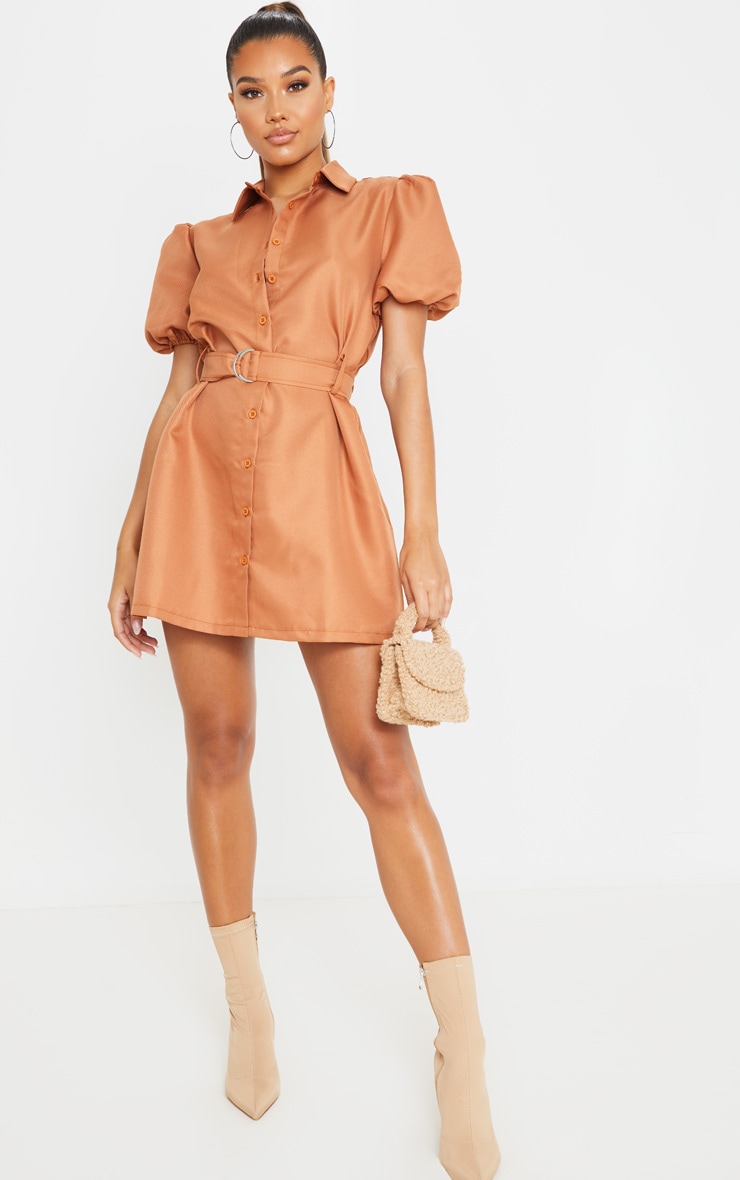 Terracotta Puff Sleeve Belted Shirt Dress