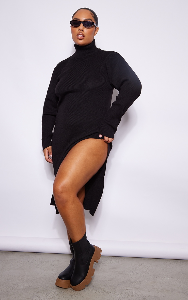 Plus Black Roll Neck Side Split Midi Dress image 1