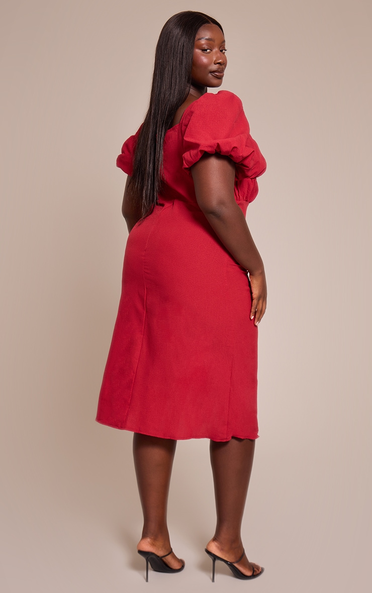 Plus Deep red Puff Sleeve Ruched Split Side Midi Dress image 2