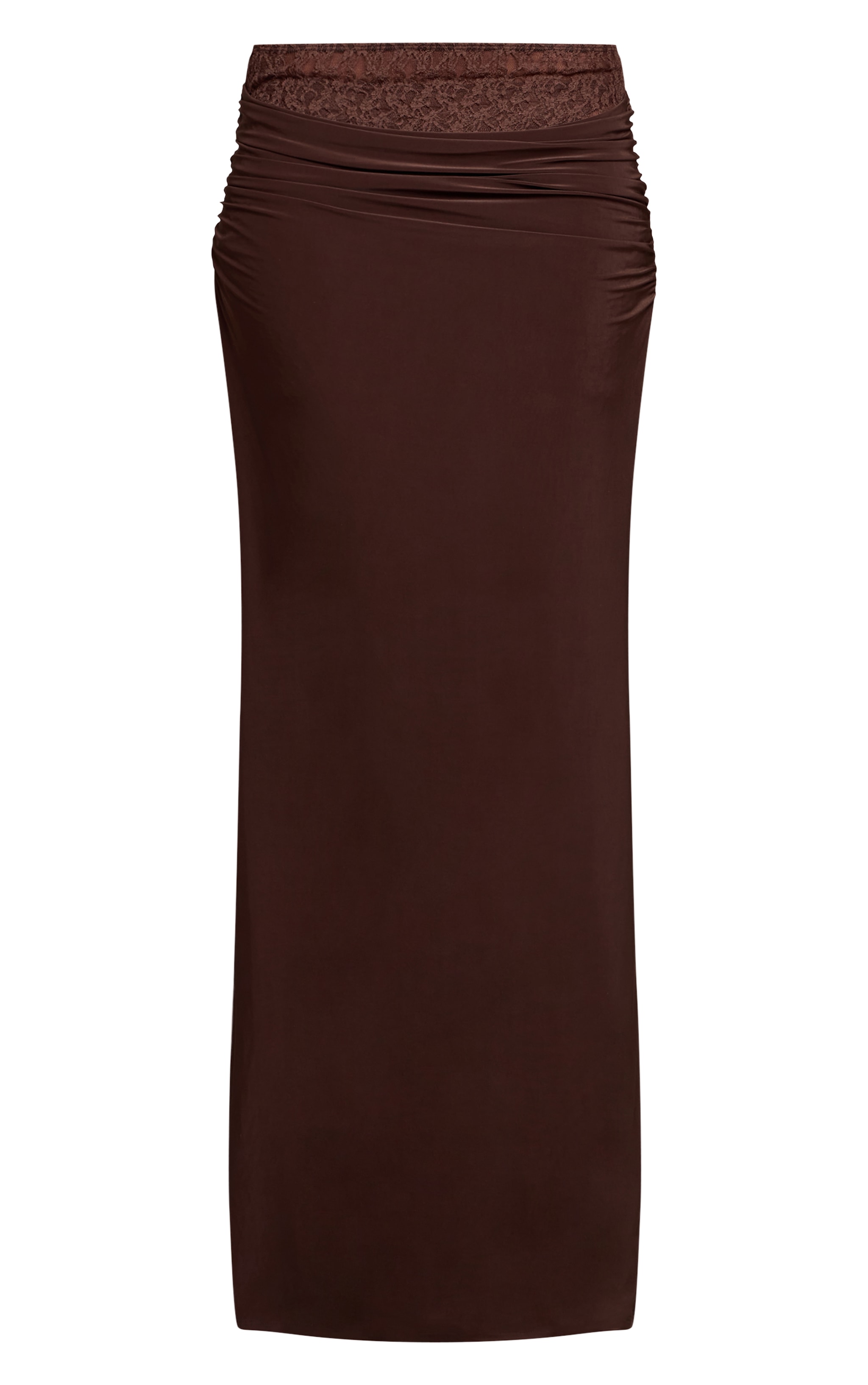 Jupe longue moulante chocolat foncé à doublure en dentelle et taille drapée image 5