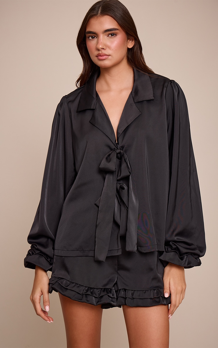 Black Frill Bow Tie Up Pyjamas image 1