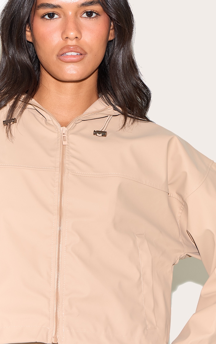 Beige Pu Faux Leather Cropped Hooded Jacket image 4