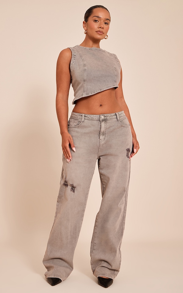  Shape Mushroom Stretch Washed Mid Rise Denim Wide Leg Jeans