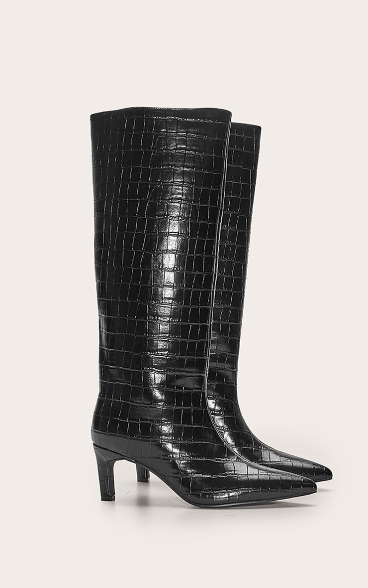 Black Croc Kitten Heel Knee High Boot image 3