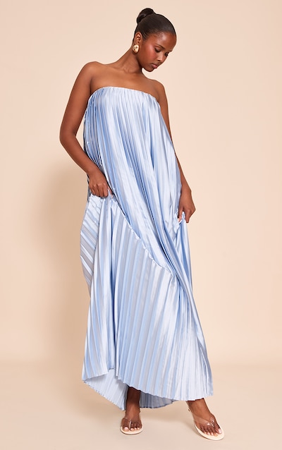 Robe bustier longue satinée bleu clair plissée