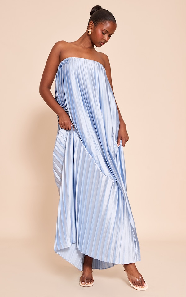 Light Blue Pleated Satin Bandeau Maxi Dress