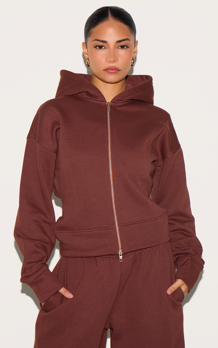 Petite Deep Chocolate Double Zip Cinched Hoodie image 1