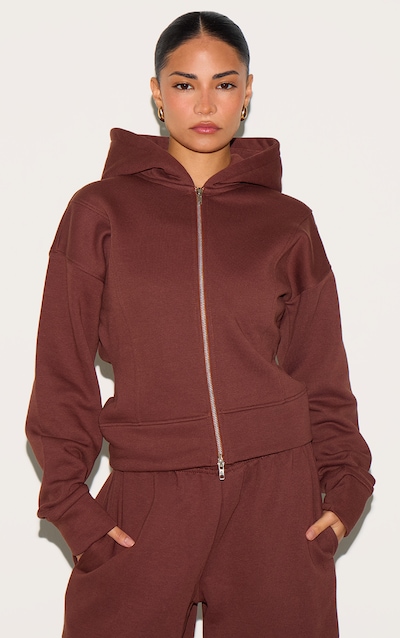 Petite Hoodie cintré chocolat profond à zip doublé