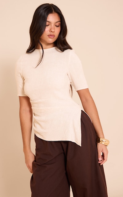 Beige Lightweight Woven Ruched Side Detail T Shirt