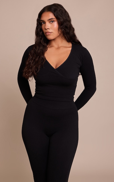 Shape Black Wrap V Front Long Sleeve Seamless Top