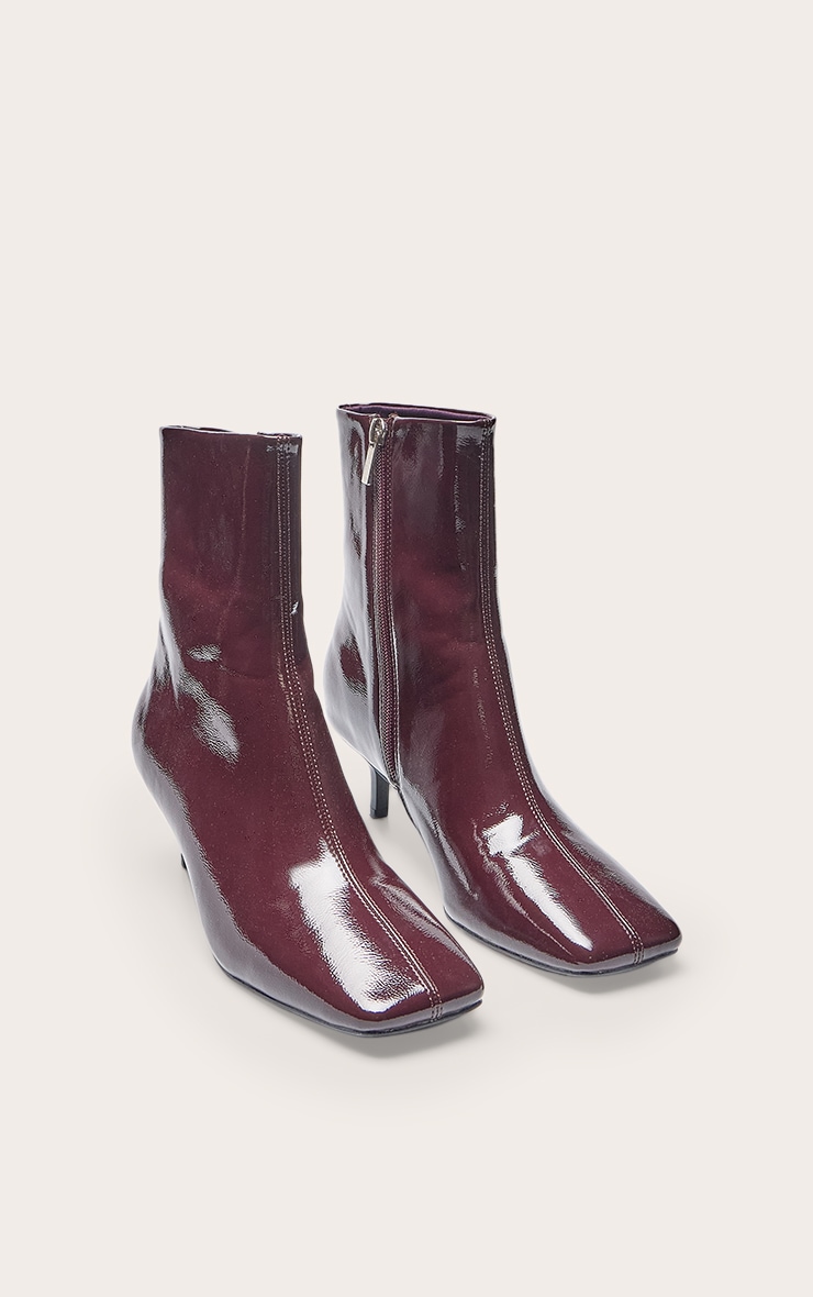 Chocolate Plum Crinkle PU Snip Toe Kitten Heel Ankle Boot image 3