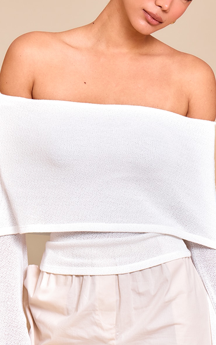 White Textured Fold Over Bardot Extreme Flute Sleeve Long Top image 4